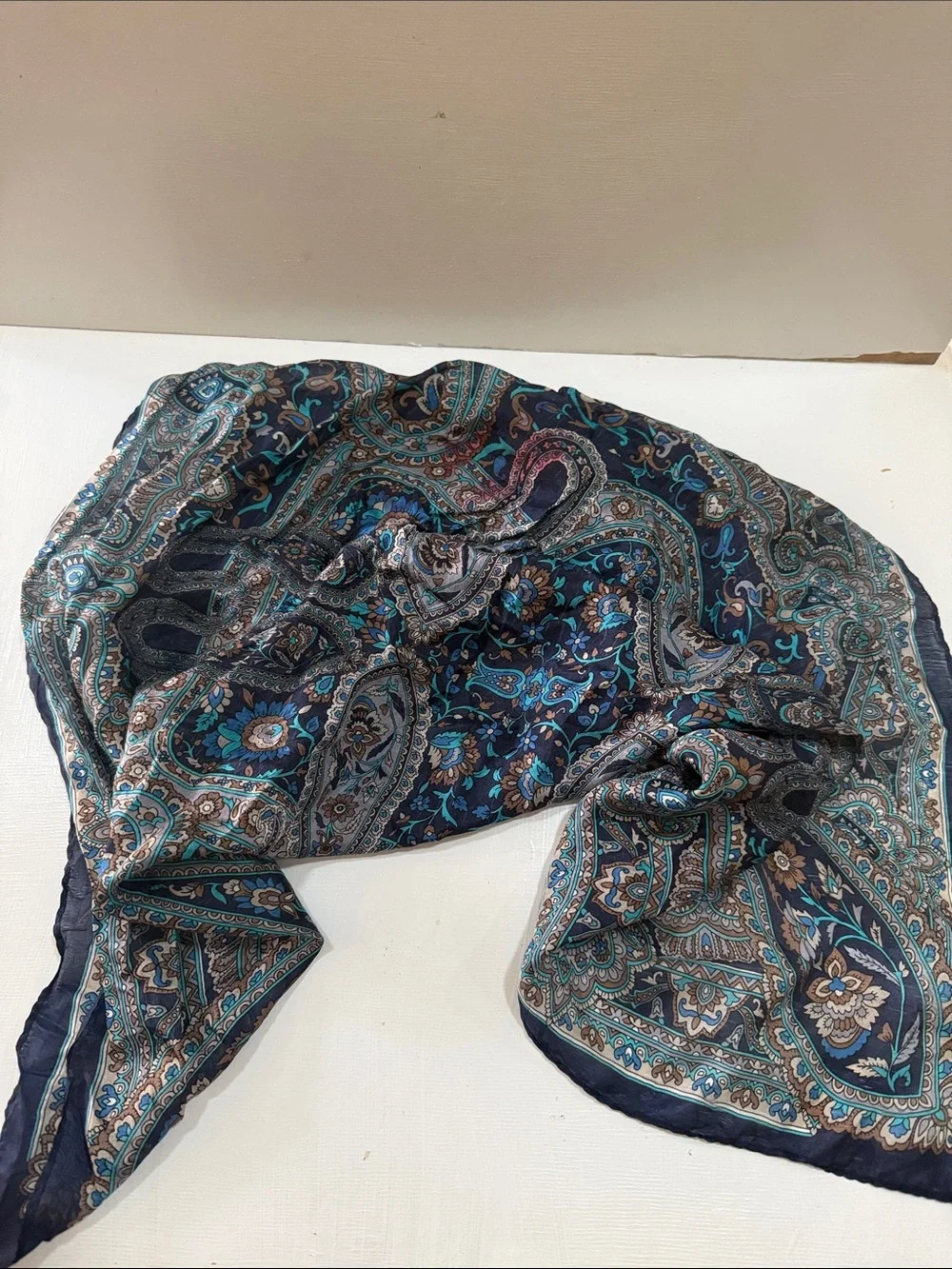 Zara Vintage Navy Paisley Floral Silk Scarf 🧣 with Teal and Tan Accents 25” Sq